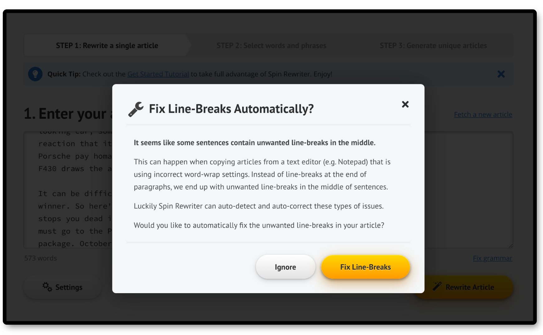 Spin Rewriter can now automatically fix broken newlines Spin Rewriter can now automatically fix broken newlines