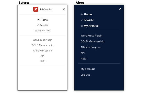 Spin Rewriter - Mobile menus, before and after