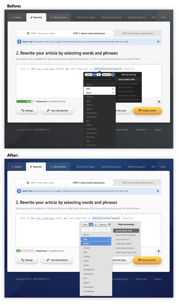 Spin Rewriter - Mobile menus, before and after