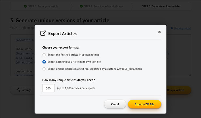 Step 3: Export Unique Articles