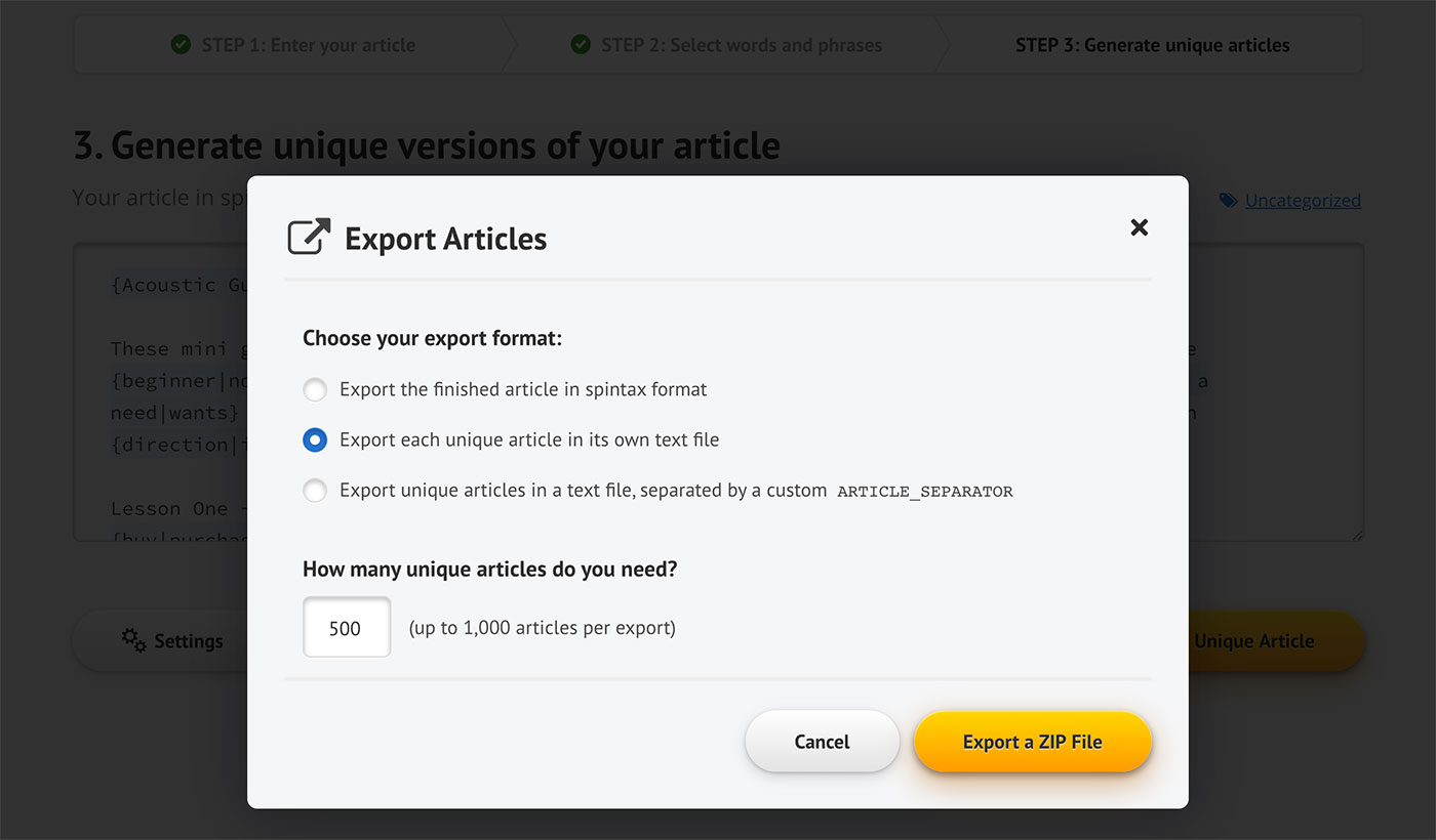 =Unique(Export!e:e).. Download articles